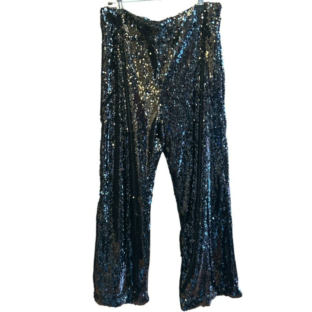 House of Harlow Women's Black Full Sequin Lined Wide Leg Pants Medium Holiday